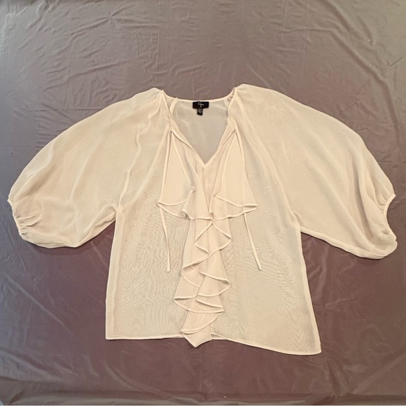 NWOT Aqua Sheer Cream Blouse w/ Sleeves and Ruffled Neckline Size Small MSRP$128 - Picture 2 of 6